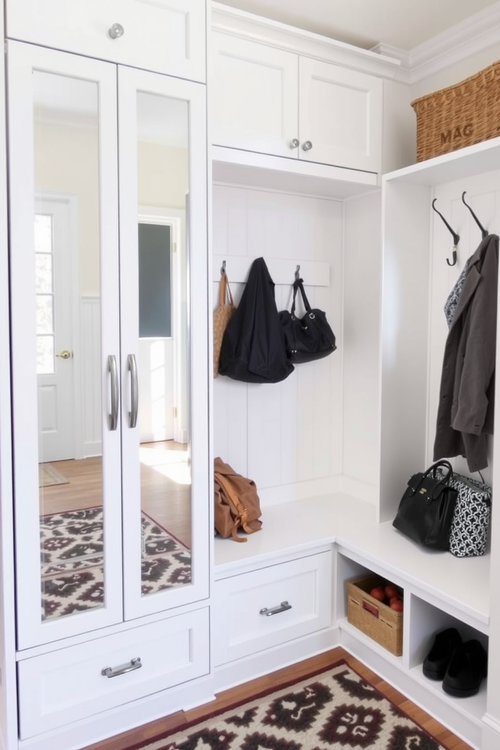 A cozy mudroom featuring multi-functional furniture that incorporates storage options. There is a built-in bench with soft cushions and drawers underneath for shoes, alongside hooks for coats and bags on the wall. The space is designed with a light color palette, including white shiplap walls and a warm wood floor. A stylish area rug adds a pop of color, while a small shelf holds decorative items and plants for a welcoming touch.