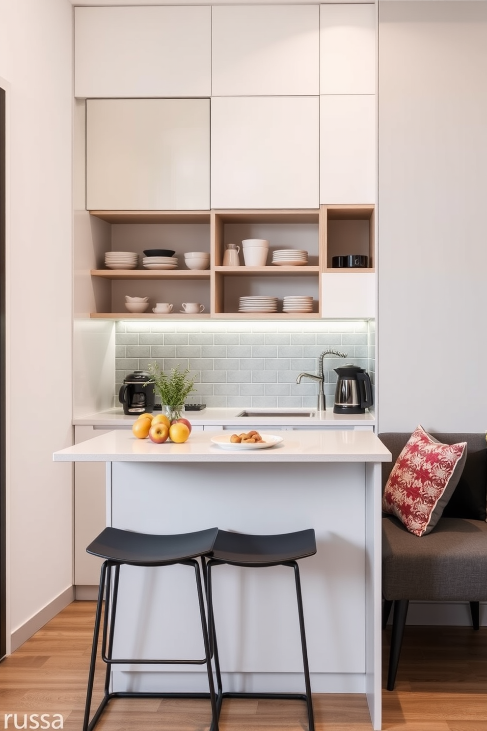 A compact breakfast nook featuring a round wooden table surrounded by cushioned chairs. The walls are adorned with light-colored cabinetry that provides ample storage, while a small shelf displays decorative items. A small office kitchen design that combines functionality with style. It includes a sleek countertop with modern appliances, open shelving for easy access to kitchenware, and a cozy seating area for informal meetings.