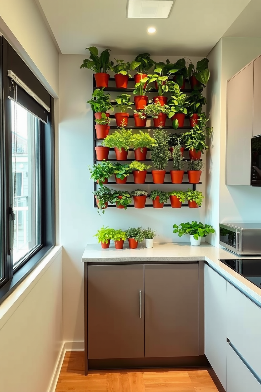 A vertical garden is designed to display fresh herbs, featuring a variety of potted plants arranged in a wall-mounted system. The garden is positioned near a window to ensure ample sunlight, creating a vibrant and aromatic focal point. The small office kitchen includes sleek cabinetry with a minimalist design, complemented by a compact island for additional workspace. Modern appliances are integrated seamlessly, while a warm color palette enhances the inviting atmosphere.