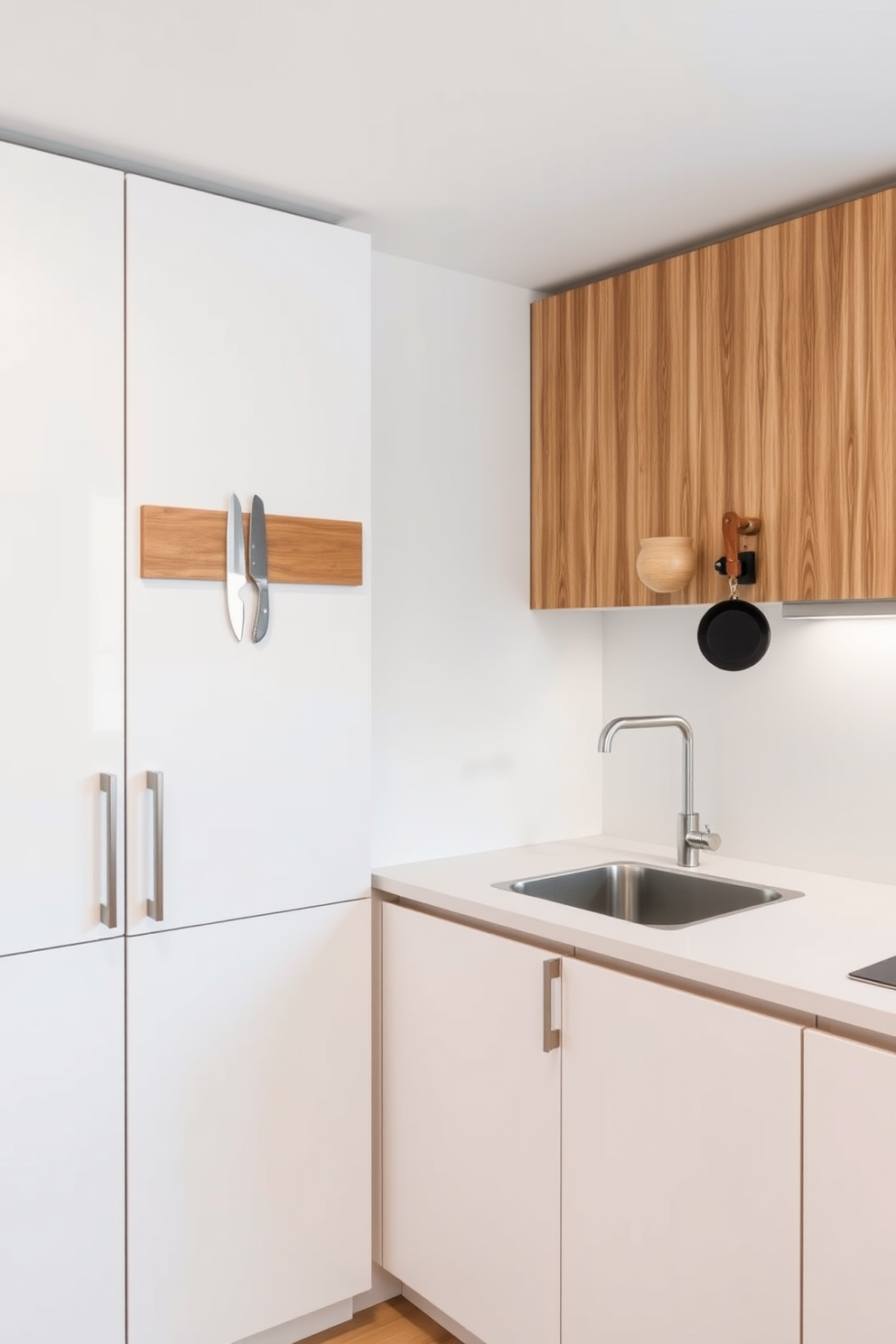 A modern small office kitchen featuring a magnetic knife strip mounted on the wall for easy access to kitchen tools. The cabinetry is sleek and minimalistic, with a combination of white and natural wood finishes to create a warm and inviting atmosphere.