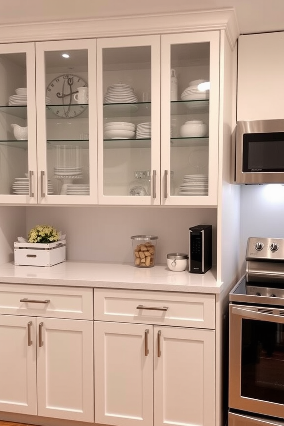 A small office kitchen featuring glass front cabinets that showcase neatly arranged dishware and decorative items. The cabinets are complemented by a sleek countertop and modern appliances, creating a functional yet stylish workspace.