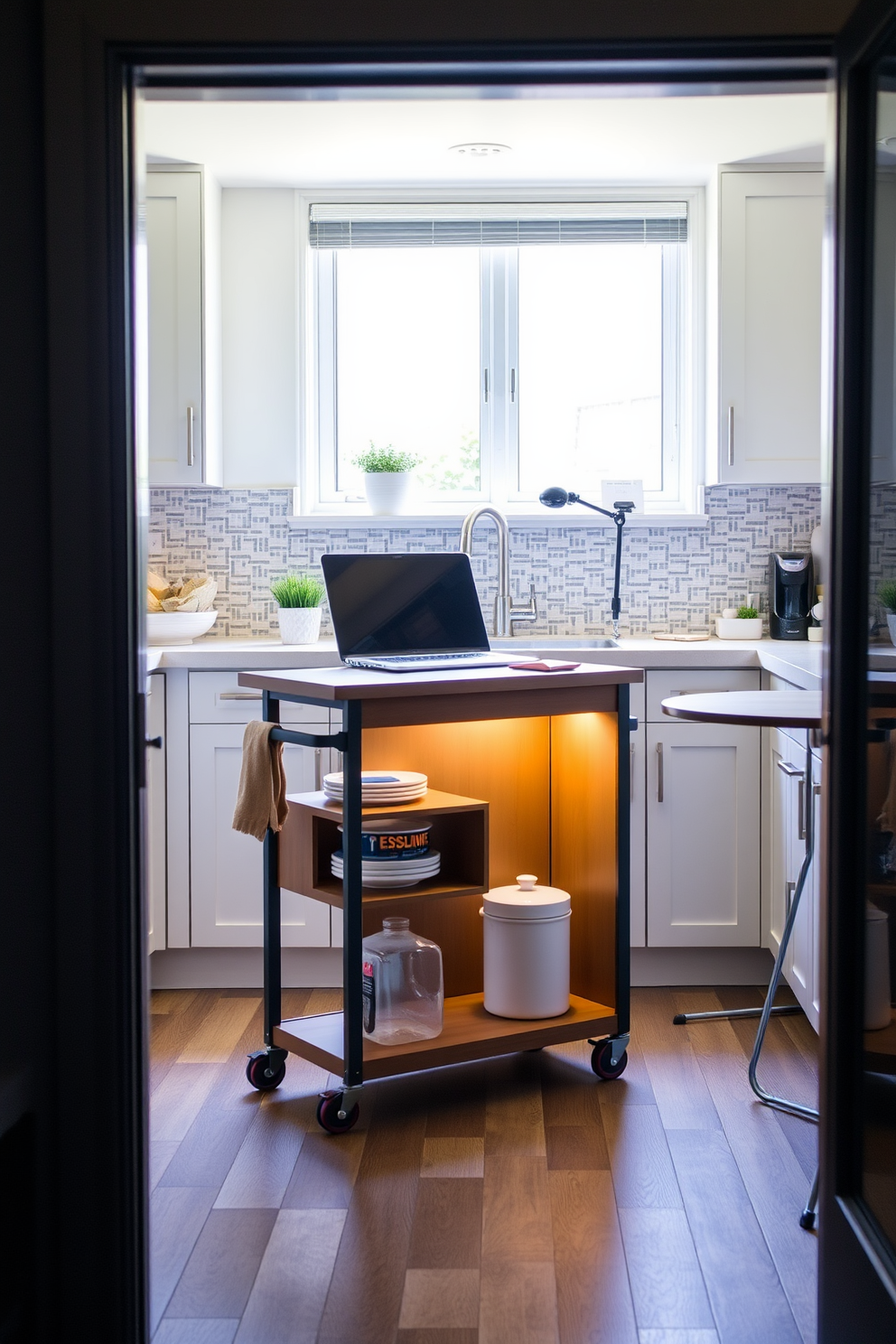 A portable cart with a sleek design is positioned in the small office kitchen, providing additional workspace and storage. The cart features open shelving for easy access to kitchen essentials and a countertop that complements the overall decor. The small office kitchen is bright and airy, with light-colored cabinets and a modern backsplash. A compact dining table is placed near the window, creating a cozy spot for meals and work breaks.