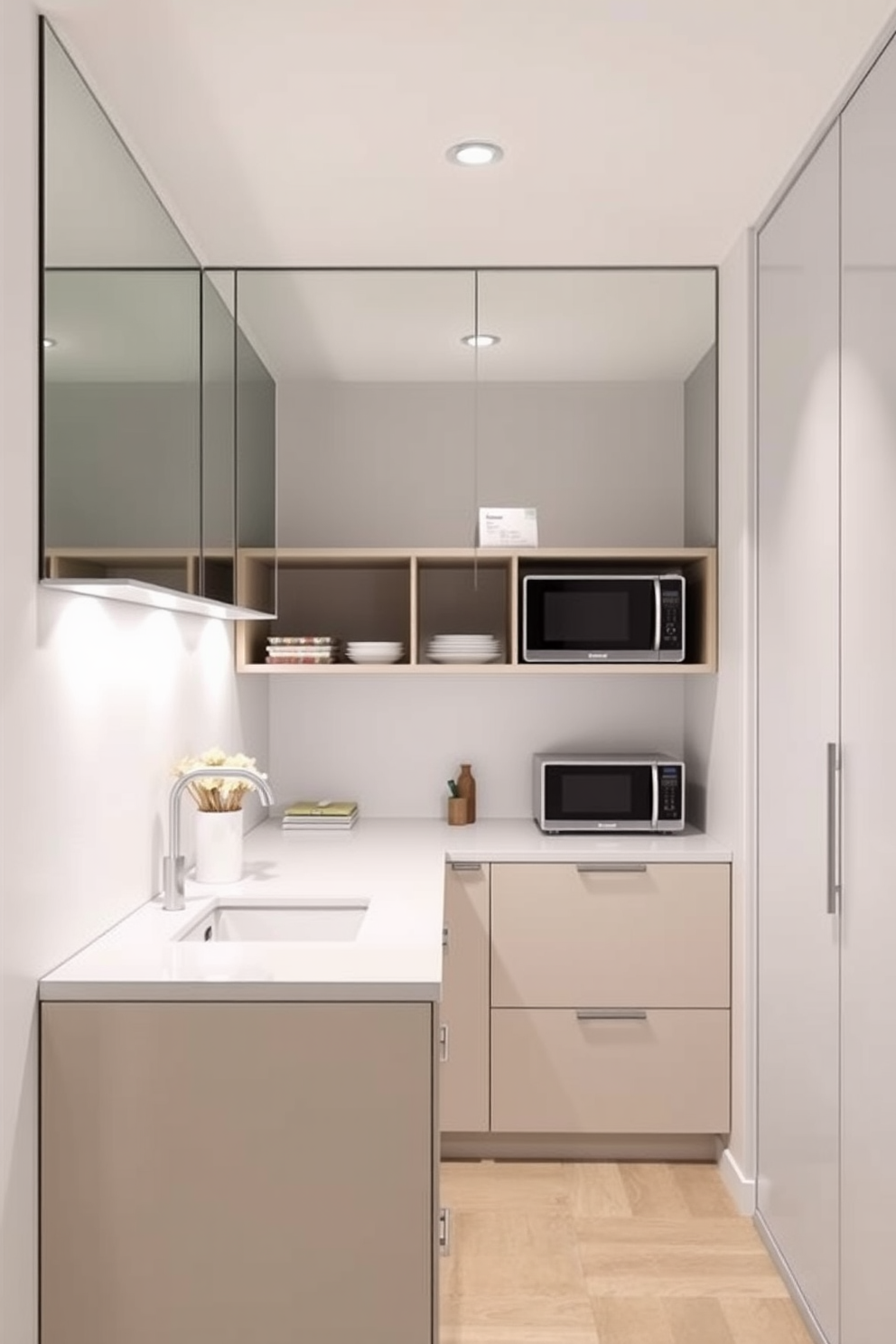 A small office kitchen design that maximizes space while incorporating functionality. The design features a sleek countertop with integrated appliances and open shelving for easy access to kitchen essentials. Mirrors are strategically placed to enhance light reflection and create an illusion of a larger space. The color palette is light and airy, with soft whites and muted pastels to promote a calm working environment.