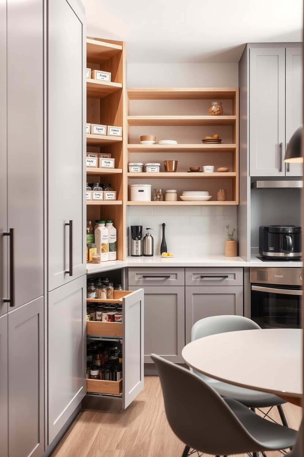 A compact pantry featuring floor-to-ceiling shelves made of natural wood with labeled storage bins for organized ingredients. A pull-out spice rack is conveniently located next to the countertop, enhancing accessibility and efficiency. A small office kitchen designed with sleek cabinetry in a soft gray finish and a minimalist island for meal prep. The space incorporates modern appliances and a cozy breakfast nook with a round table and stylish chairs, perfect for quick meals or coffee breaks.