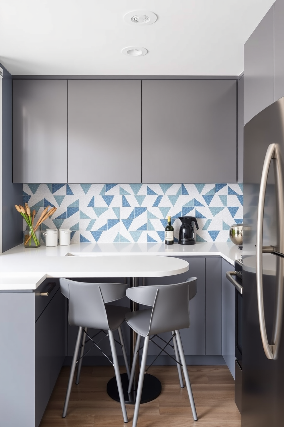 A creative tile backsplash featuring geometric patterns in shades of blue and white adds texture and visual interest to the small office kitchen. The cabinetry is sleek and modern, complemented by stainless steel appliances and a compact dining area with minimalist seating.