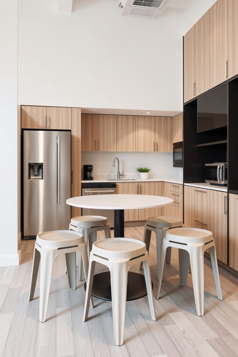 A small office kitchen features a decorative backsplash that adds visual interest with intricate tile patterns in shades of blue and white. The cabinetry is sleek and modern, complemented by stainless steel appliances and a compact dining table for two.