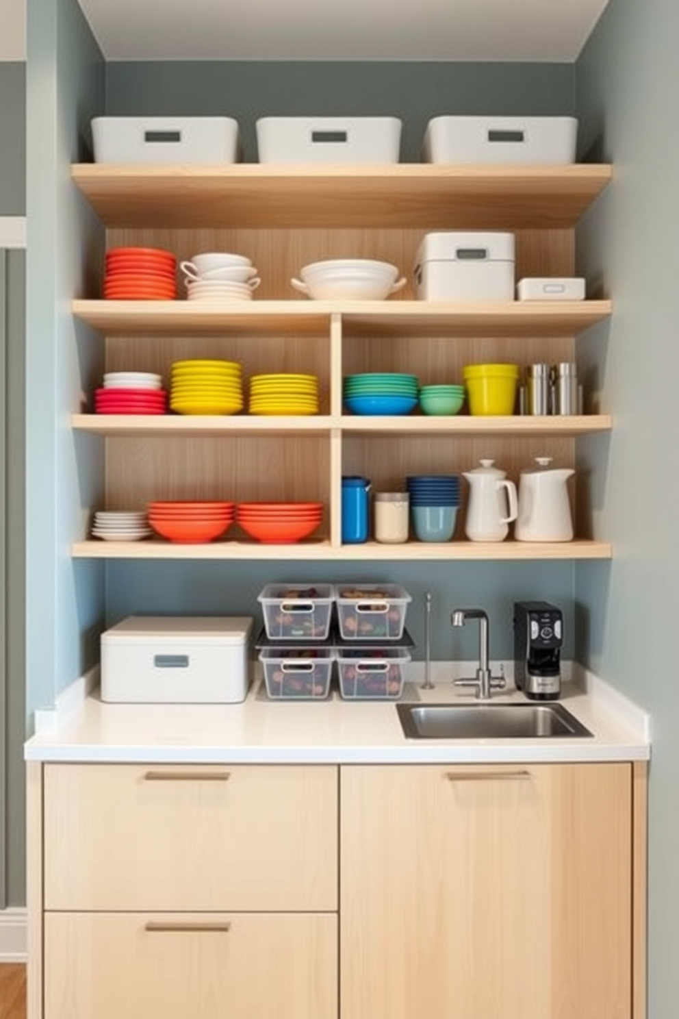 A small office kitchen design features open shelving that provides easy access to essential items. The shelves are made of light wood and are neatly organized with colorful dishware and storage bins.