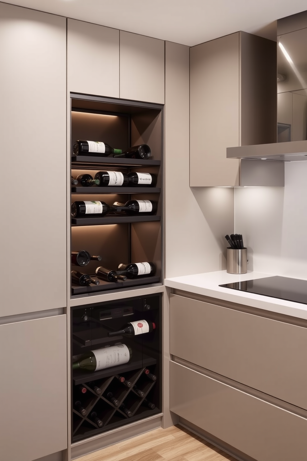 A small office kitchen design featuring an integrated wine rack for stylish storage. The kitchen includes sleek cabinetry with a modern finish, complemented by a minimalist countertop and a small breakfast bar.