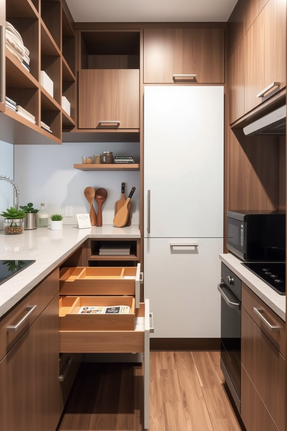 A small office kitchen featuring smart storage solutions with pull-out drawers. The cabinetry is sleek and modern, with a combination of open shelving and closed storage to maximize functionality.