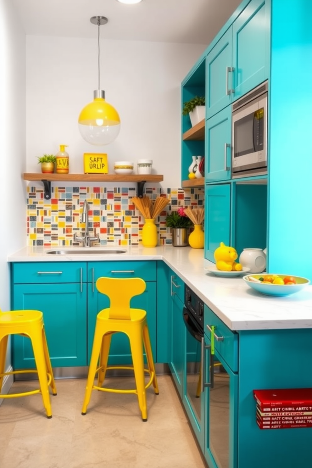 A small office kitchen with vibrant colors that energize the environment. The cabinetry is painted in a bright turquoise, complemented by cheerful yellow accents on the bar stools and decorative items. The countertop is a sleek white with subtle gray veining, providing a clean contrast. A playful backsplash features a mosaic of colorful tiles, adding visual interest to the space.