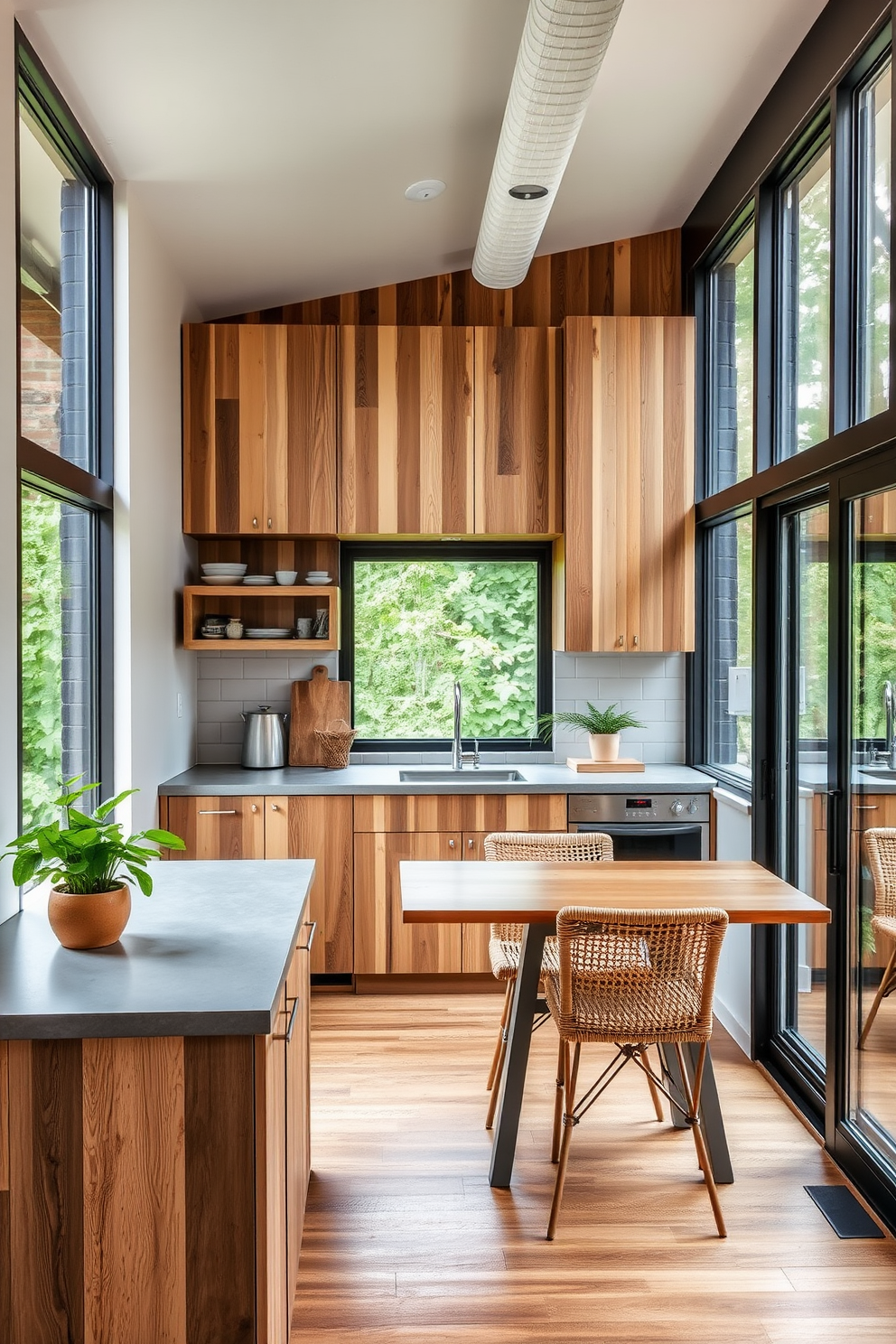 A small office kitchen designed with natural materials to create a warm and inviting atmosphere. The cabinetry is crafted from reclaimed wood, complemented by a concrete countertop that adds a modern touch. Large windows allow ample natural light to flood the space, highlighting the earthy tones of the materials. A cozy seating area with a wooden table and woven chairs encourages casual meetings and breaks.