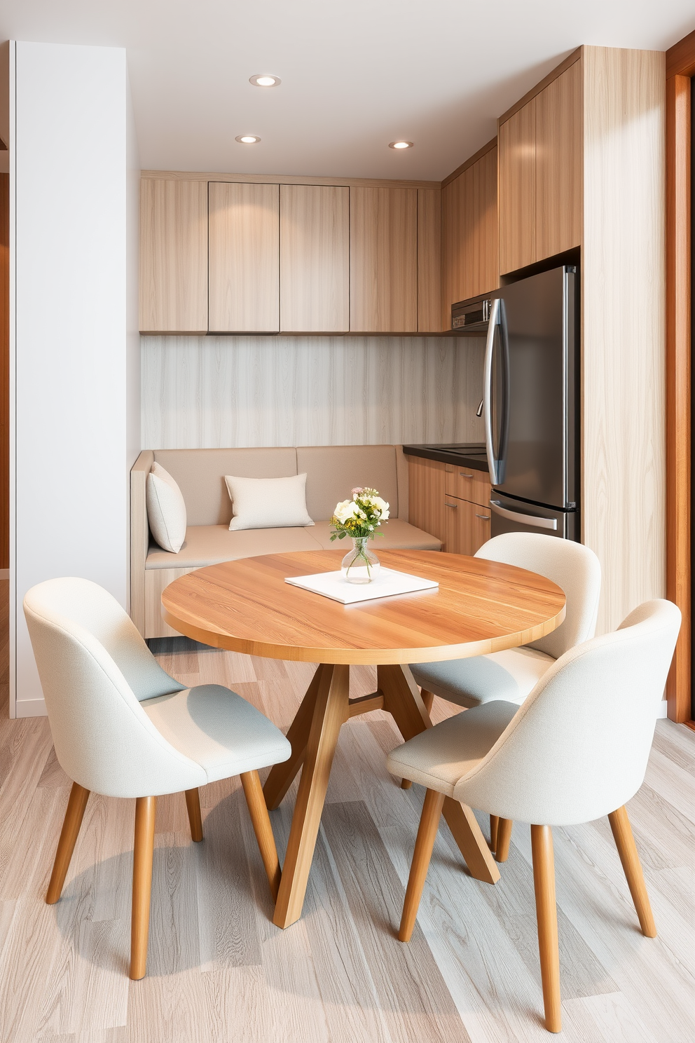 A small scale dining set featuring a round wooden table surrounded by four upholstered chairs in soft pastel colors. The table is adorned with a simple white tablecloth and a small vase of fresh flowers at the center. A small office kitchen design with sleek cabinetry in a light wood finish and modern stainless steel appliances. The space includes a compact dining nook with a built-in bench and a small table, perfect for quick meals or coffee breaks.