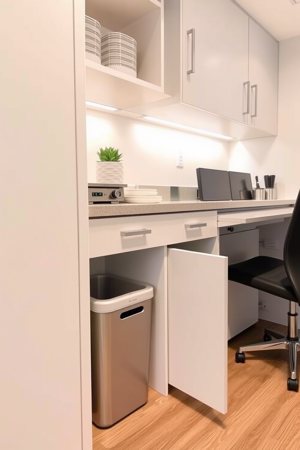 A small office kitchen featuring hidden trash bins for a clean and organized look. The cabinetry is sleek and modern, with a minimalist design that seamlessly integrates the bins into the overall aesthetic.