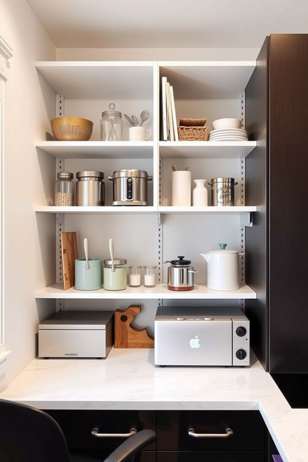 A small office kitchen designed for efficiency features adjustable shelving that allows for customizable storage solutions. The shelves are neatly arranged with kitchen essentials and decorative items, creating a functional yet stylish workspace.