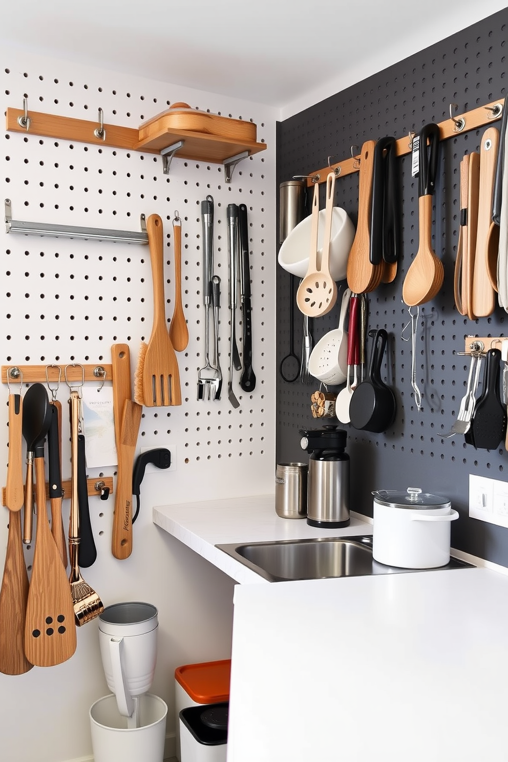 A small office kitchen designed to maximize efficiency and style. The walls are adorned with pegboards that hold various kitchen tools and utensils, creating an organized and functional workspace.