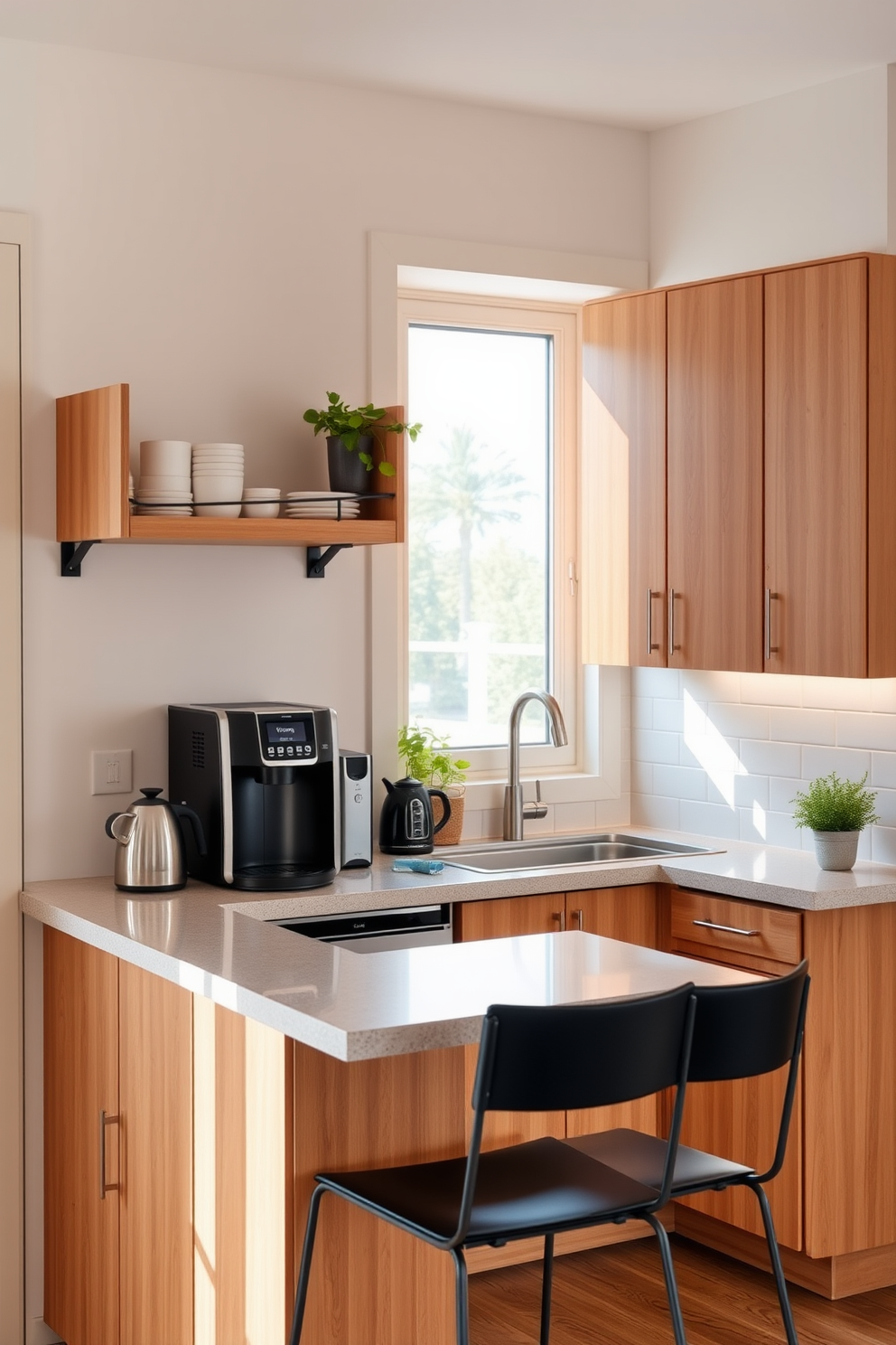 A cozy small office kitchen featuring a sleek coffee station in the corner. The coffee station includes a modern espresso machine, a wooden shelf for mugs, and a stylish kettle, all set against a backdrop of warm, neutral cabinetry. The kitchen area is designed with a compact layout, featuring a small island with bar stools for casual seating. Natural light floods in through a window above the sink, highlighting the contemporary backsplash and the potted herbs on the countertop.