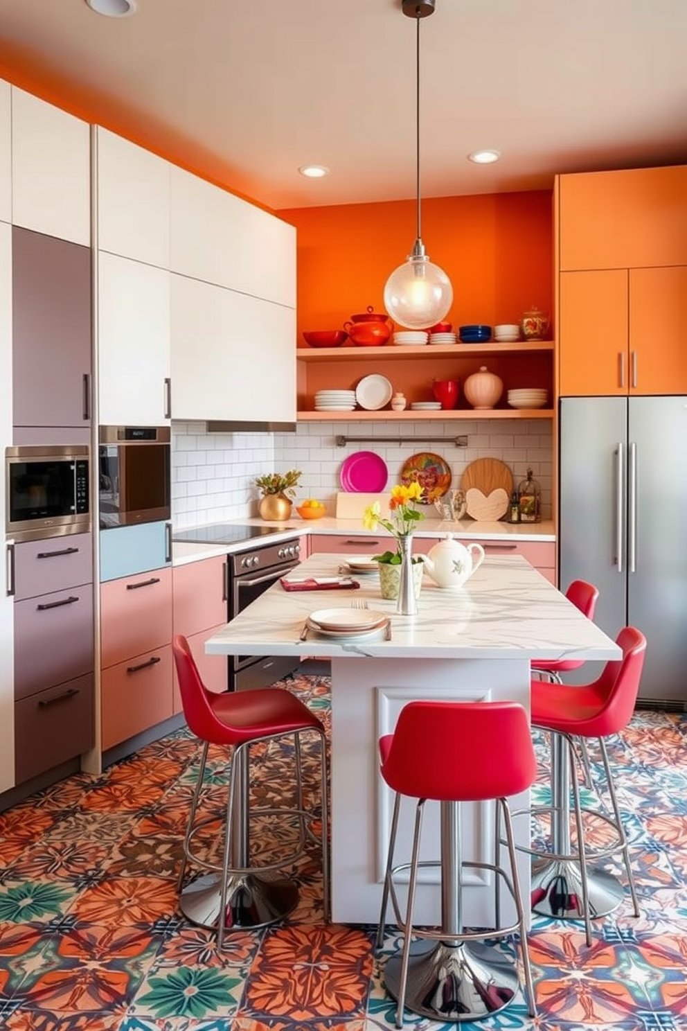 A small office kitchen featuring a chalkboard wall for notes and menus creates a functional and stylish workspace. The design includes sleek cabinetry, a compact refrigerator, and a minimalist dining table with modern chairs for casual meetings.