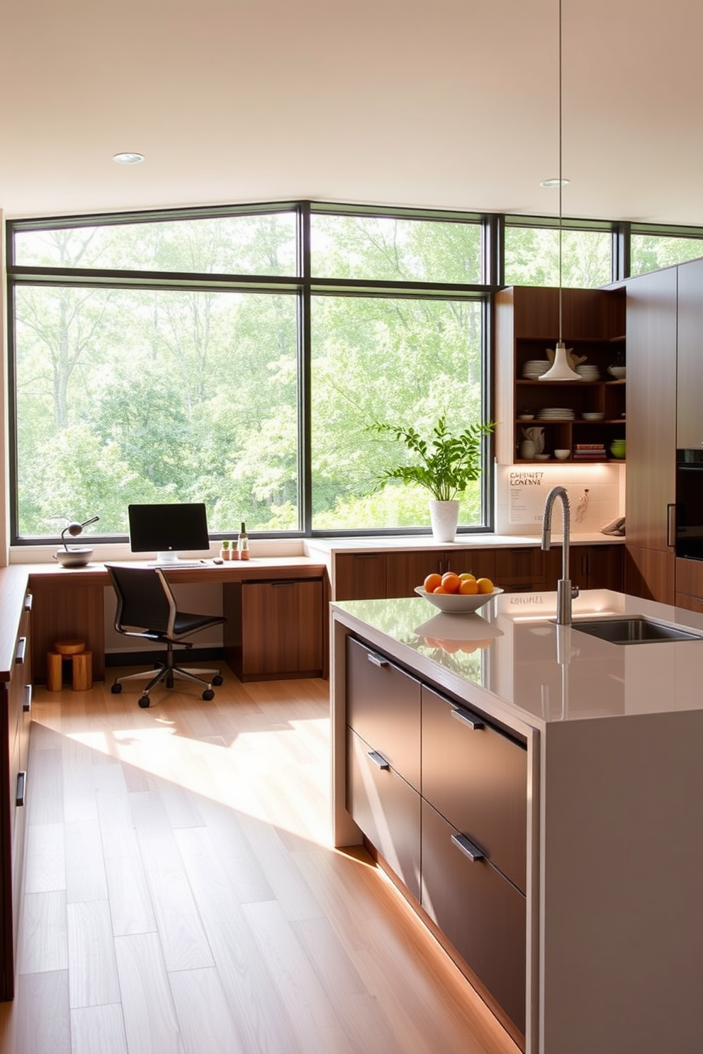 A multifunctional kitchen island features a sleek design with integrated seating options on one side. The island includes ample storage beneath and a polished countertop that complements the surrounding cabinetry. In the small office area, a minimalist desk is positioned adjacent to the island, creating a seamless flow between cooking and workspaces. Natural light floods the area through large windows, enhancing the inviting atmosphere.