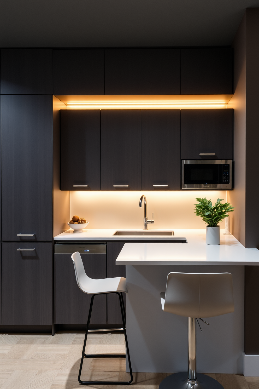 A small office kitchen with sleek modern cabinetry featuring under-cabinet lighting that creates a warm and inviting ambiance. The countertop is a clean white quartz, complemented by stylish bar stools that provide a casual dining space.