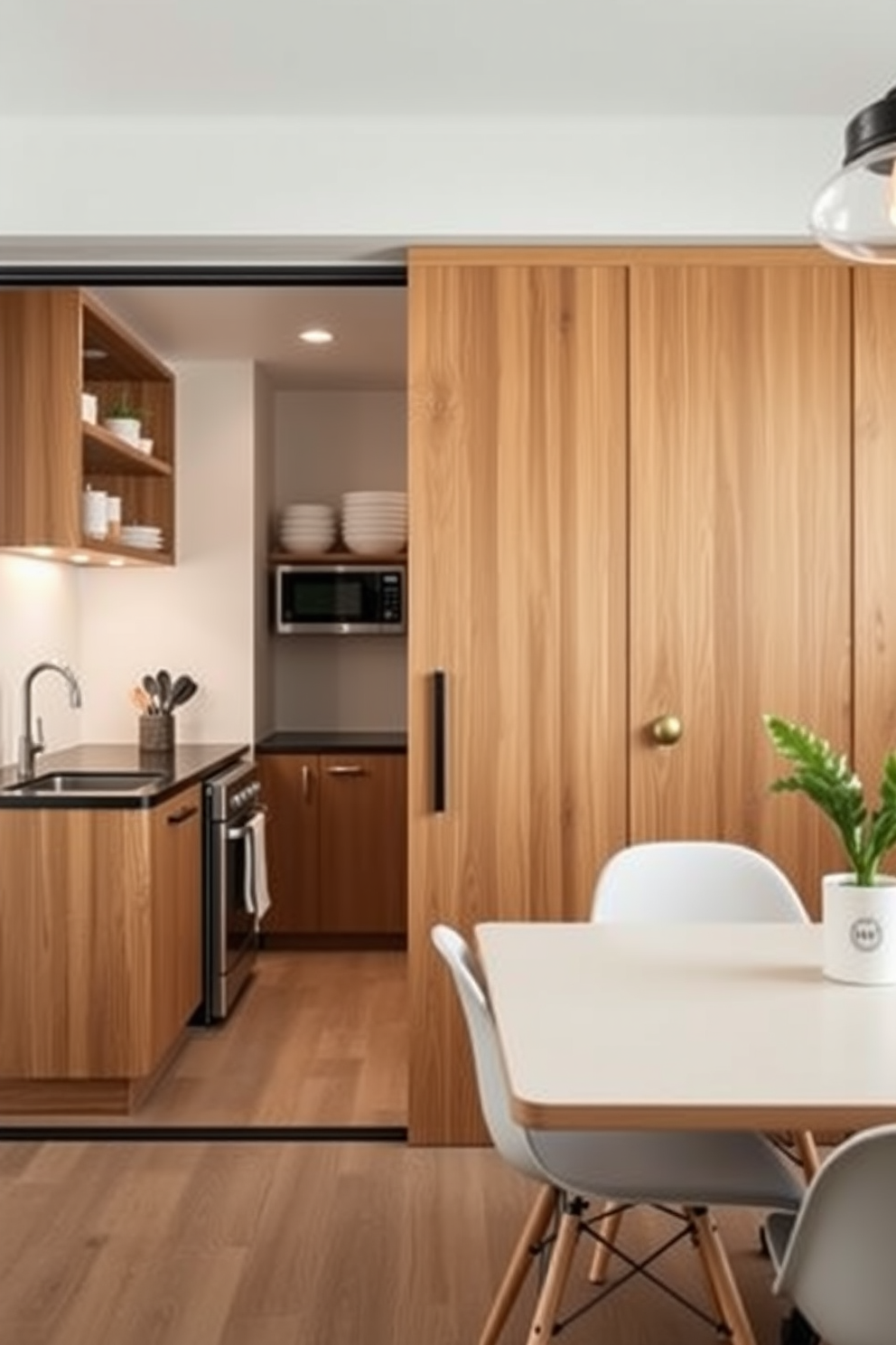 A small office kitchen design featuring sliding doors that seamlessly blend functionality and style. The kitchen includes a compact layout with modern appliances, open shelving, and a cozy dining nook.