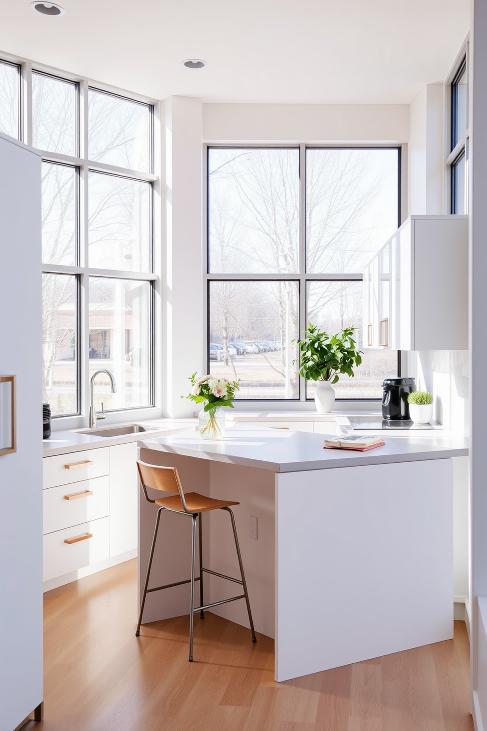 A small office kitchen design that utilizes light colors to enhance the sense of openness. The cabinetry is a soft white with sleek handles, and the countertops are a light gray stone that reflects natural light. Large windows allow ample sunlight to flood the space, creating a bright and airy atmosphere. A small island with bar stools provides a functional area for casual dining or work, blending seamlessly with the overall design.