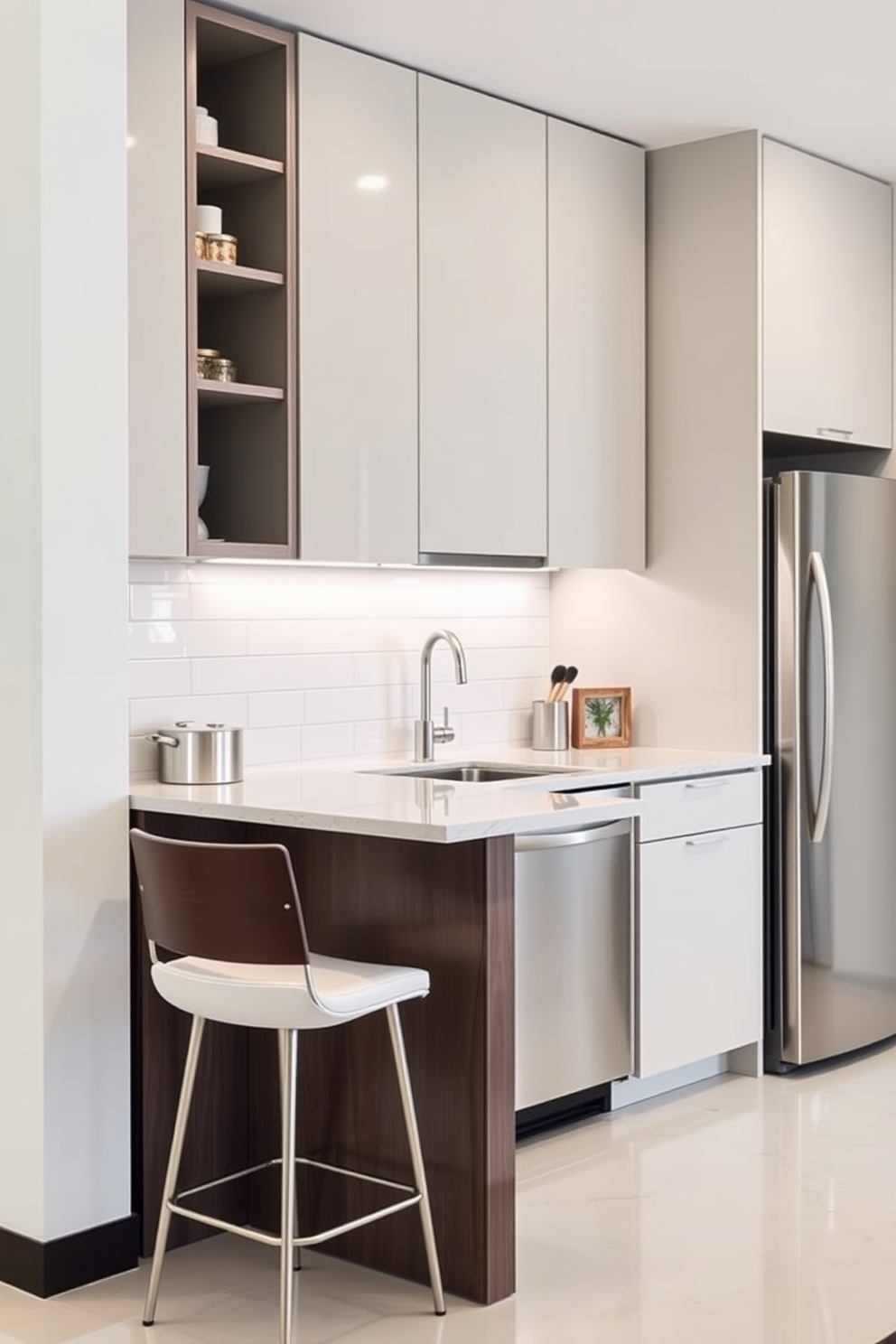 A modern small office kitchen featuring built-in appliances for seamless integration. The cabinetry is sleek and minimalistic, blending perfectly with the stainless steel refrigerator and dishwasher. A compact island serves as a workspace and casual dining area, surrounded by stylish bar stools. The backsplash is a glossy white tile, reflecting light and enhancing the airy feel of the space.