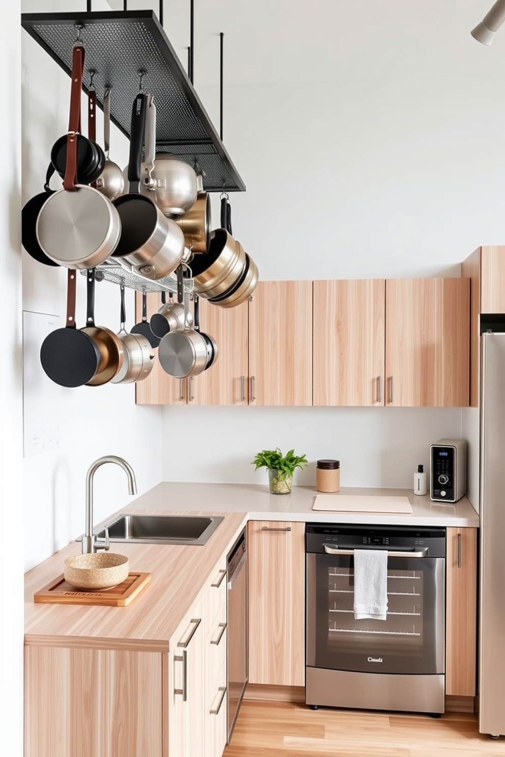 A modern small office kitchen featuring hanging pot racks for efficient organization. The space includes sleek cabinetry in a light wood finish, complemented by stainless steel appliances and a compact island for additional prep space.