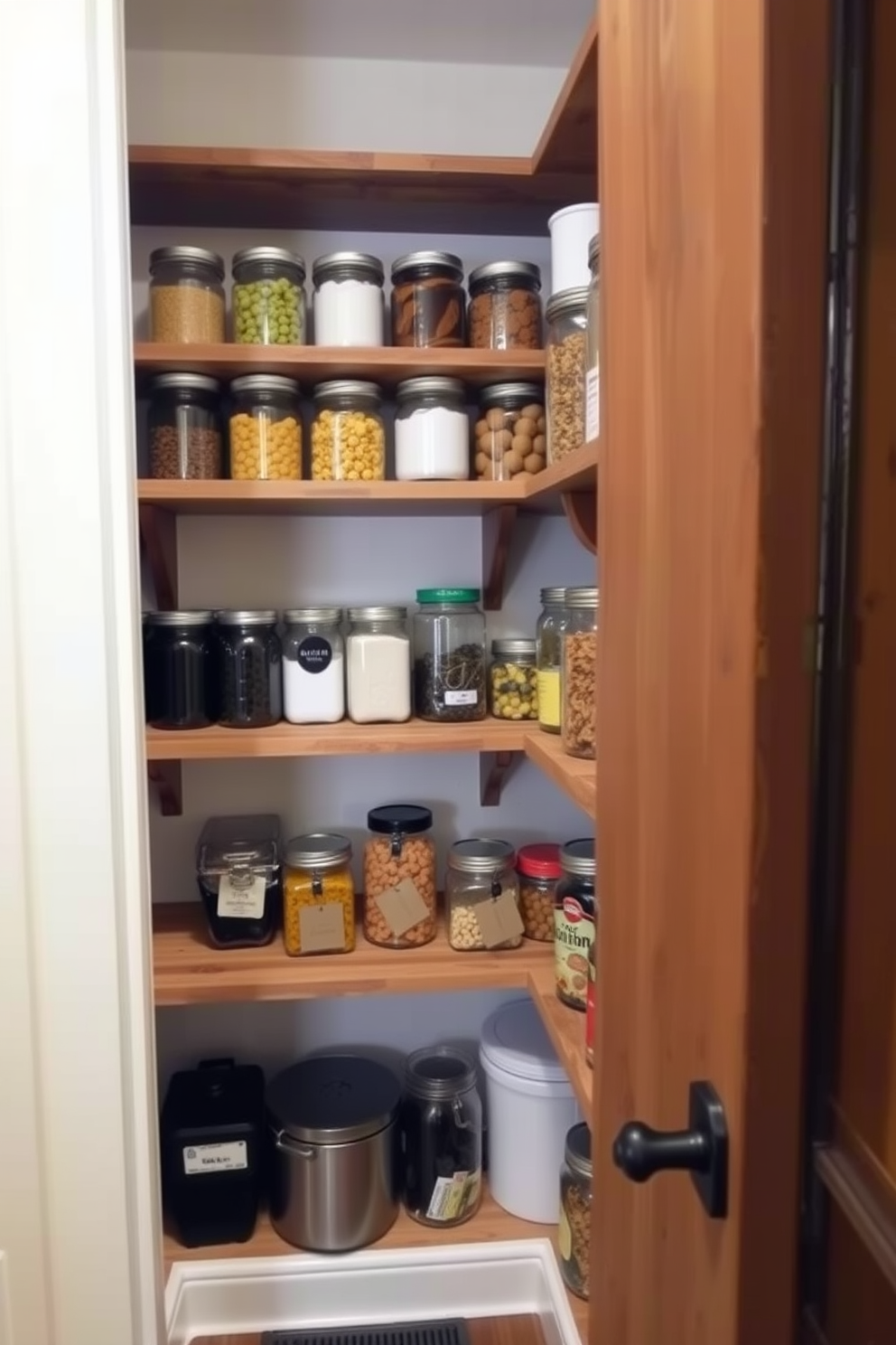 A small pantry designed to maximize vertical space features open shelving that reaches the ceiling, allowing for ample storage of jars and canned goods. The shelves are made of light wood, creating a warm and inviting atmosphere, while the walls are painted in a soft white to enhance brightness. Incorporate a slim pull-out cabinet beside the shelving for easy access to spices and cooking essentials. A small step stool is placed nearby to assist with reaching the top shelves, ensuring functionality and convenience in the design.