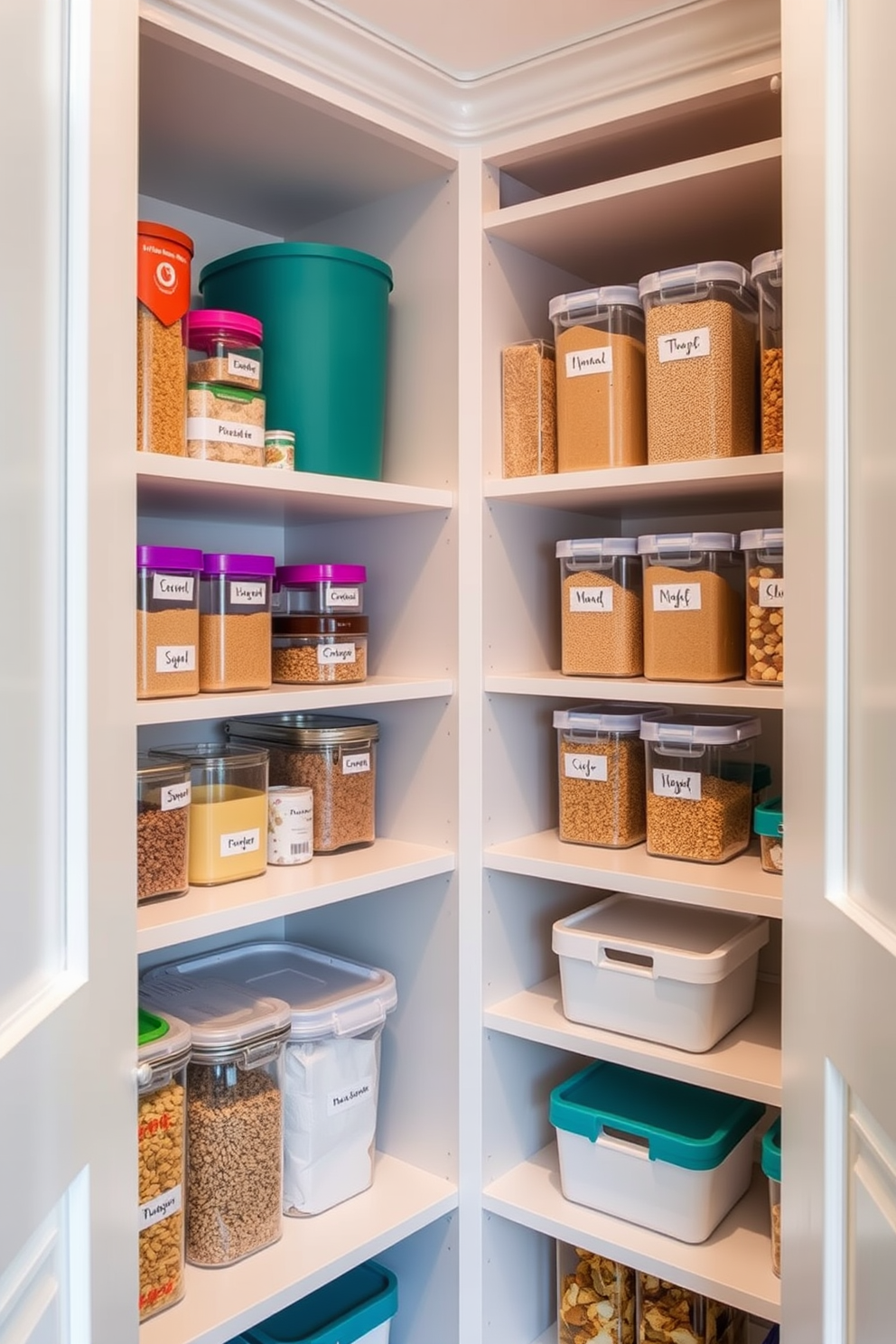 A small pantry designed for optimal organization. Shelving units are lined with labeled containers for easy identification of dry goods.