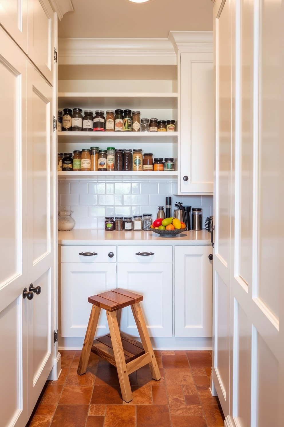 A cozy small pantry with white shaker-style cabinets and open shelving. A wooden step stool is placed against the wall, providing access to high shelves filled with neatly organized jars and spices. The floor features a warm, rustic tile that complements the cabinetry. A small countertop area is adorned with a decorative fruit bowl, adding a pop of color to the space.