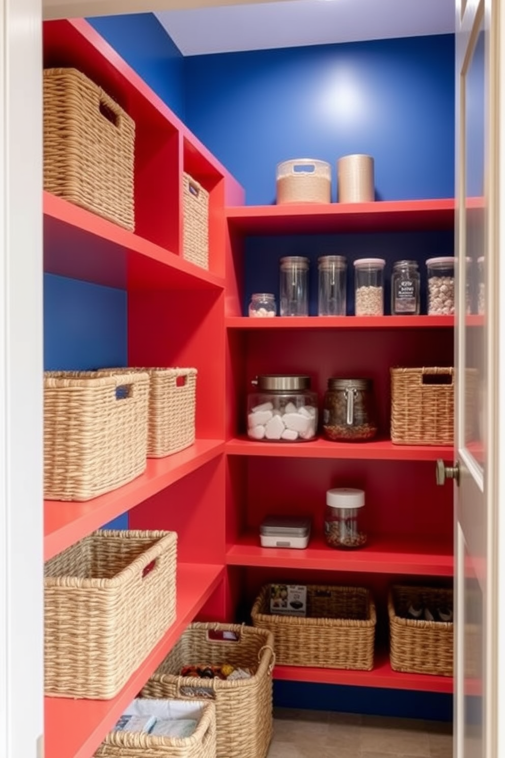 Design a small pantry with interior shelves painted in a bold color that contrasts with the surrounding walls. Incorporate stylish storage solutions such as woven baskets and clear containers to enhance organization and aesthetics.