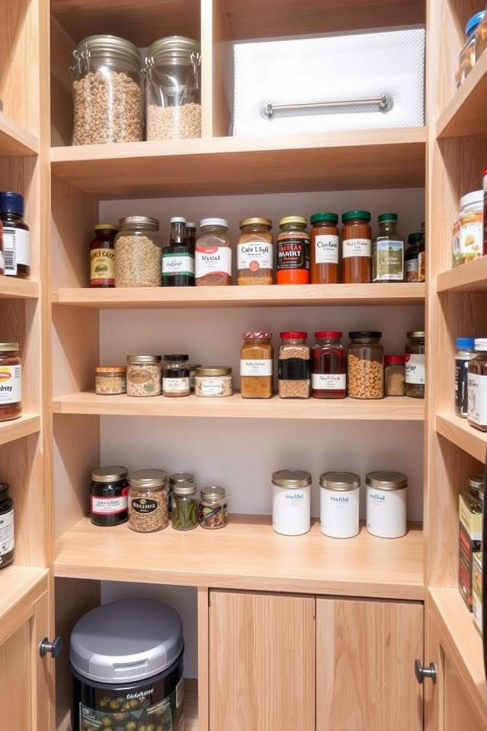 A small pantry featuring open shelving creates an airy and spacious atmosphere. The shelves are filled with neatly organized jars and baskets, showcasing colorful ingredients and kitchen essentials. The walls are painted in a soft, light color to enhance the brightness of the space. A small wooden ladder leans against one side, providing easy access to the top shelves while adding a rustic touch.