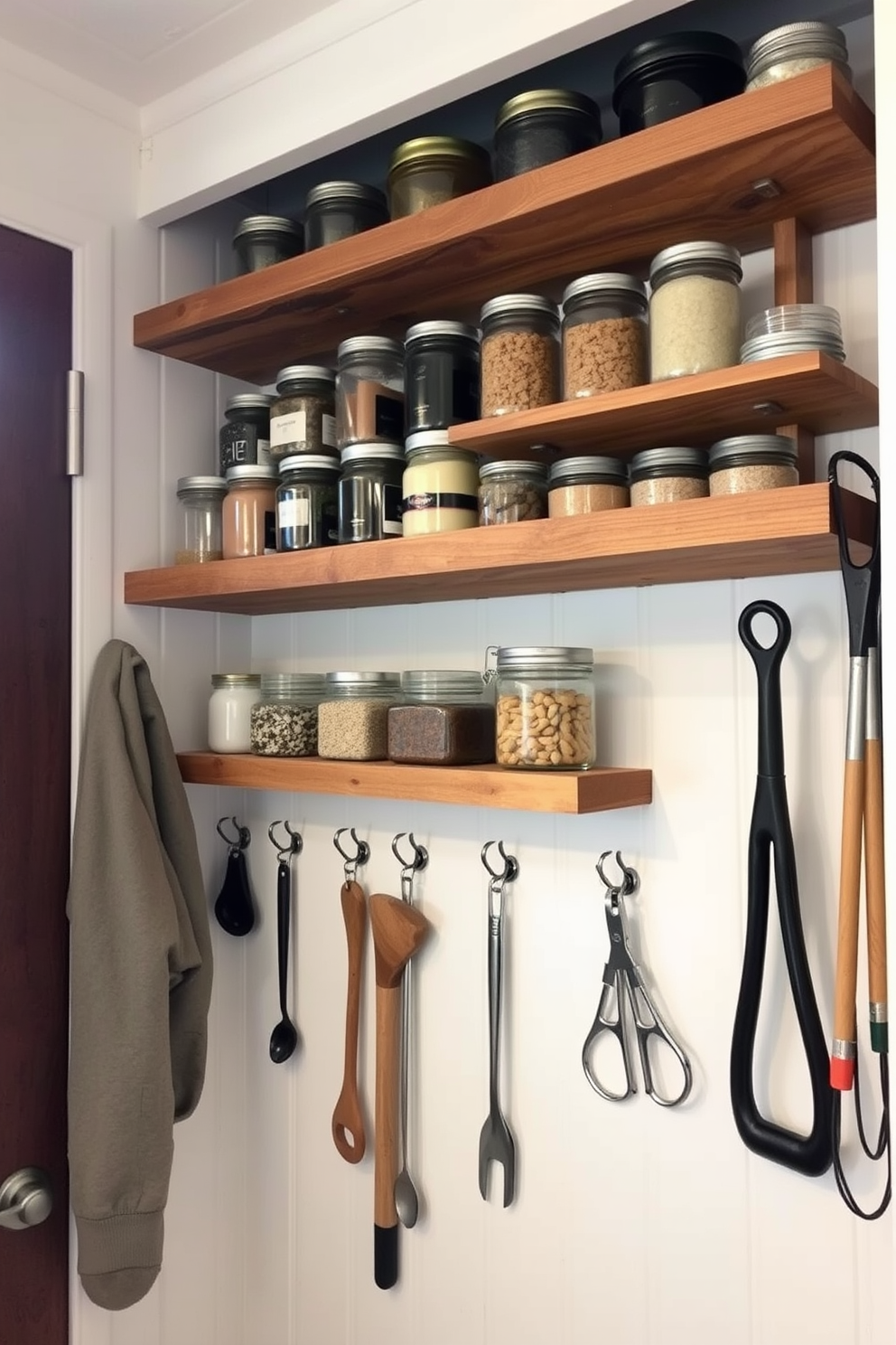 A cozy small pantry design featuring open shelving made of reclaimed wood. A small ladder is positioned against the shelves to provide access to high storage areas. The pantry is painted in a soft cream color, creating a warm and inviting atmosphere. Decorative jars and baskets are neatly arranged on the shelves, adding both functionality and charm.