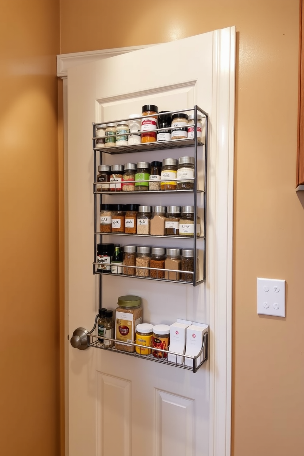 A cozy small pantry featuring white shelving units that maximize vertical space. Decorative baskets in natural fibers are neatly arranged on the shelves, providing organization and a touch of warmth. The walls are painted in a soft beige tone to create an inviting atmosphere. A small wooden step stool is placed in the corner for easy access to the higher shelves.