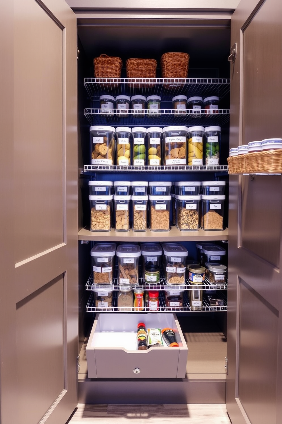 A small pantry design featuring tiered organizers that maximize space and enhance accessibility. The shelves are neatly arranged with labeled containers, and a small pull-out drawer is included for easy access to spices and seasonings.