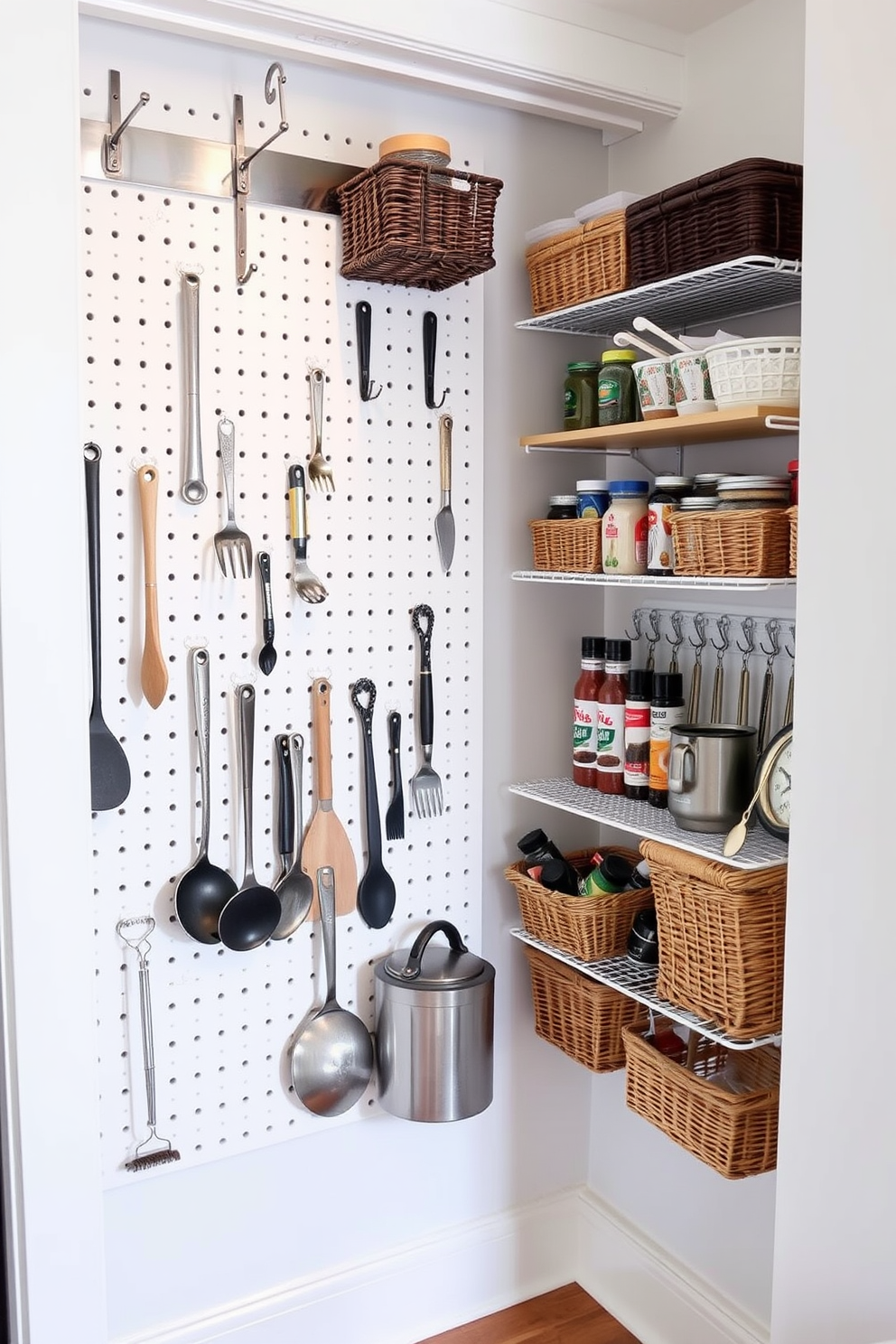 A small pantry with a pegboard installed on one wall for flexible storage solutions. The pegboard is adorned with various hooks and baskets holding kitchen utensils, spices, and small pots, creating an organized and functional space.