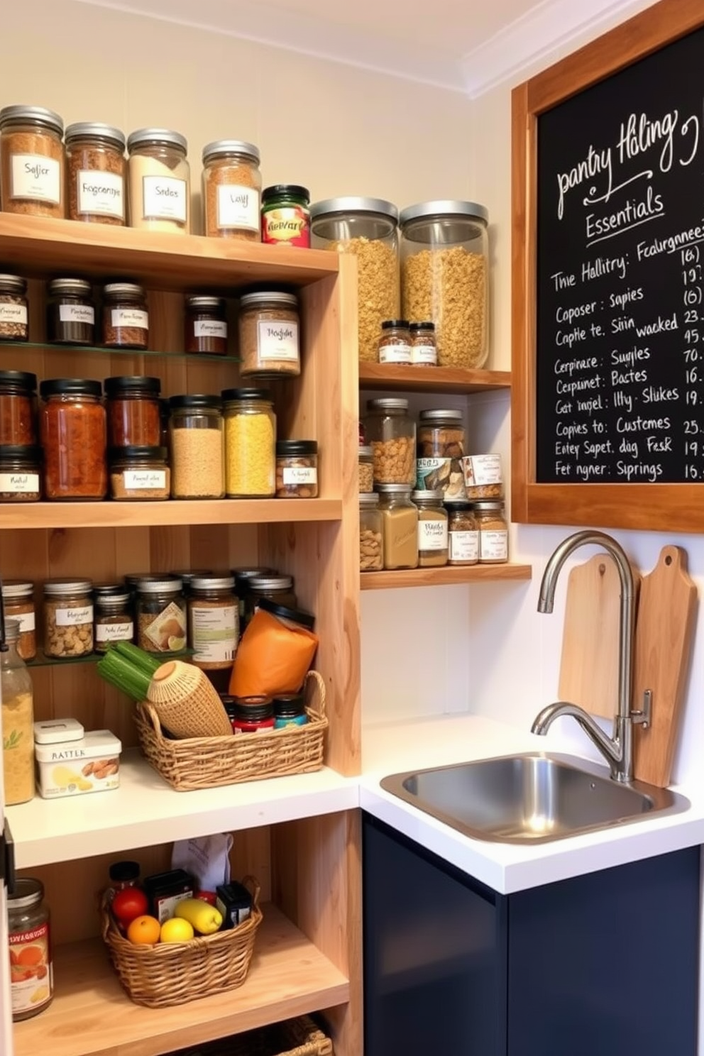 Create a cozy small pantry design featuring open shelving made of reclaimed wood. The shelves are filled with neatly labeled jars of spices, grains, and snacks, creating an organized and inviting atmosphere. Incorporate a small countertop area with a stylish basket for fresh produce. A chalkboard wall displays the pantry inventory list, making it easy to keep track of essentials and add items as needed.