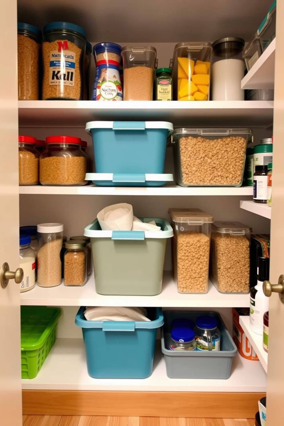 A small pantry design featuring stackable bins for efficient storage. The bins are neatly organized on open shelving, allowing easy access to various dry goods and kitchen essentials.