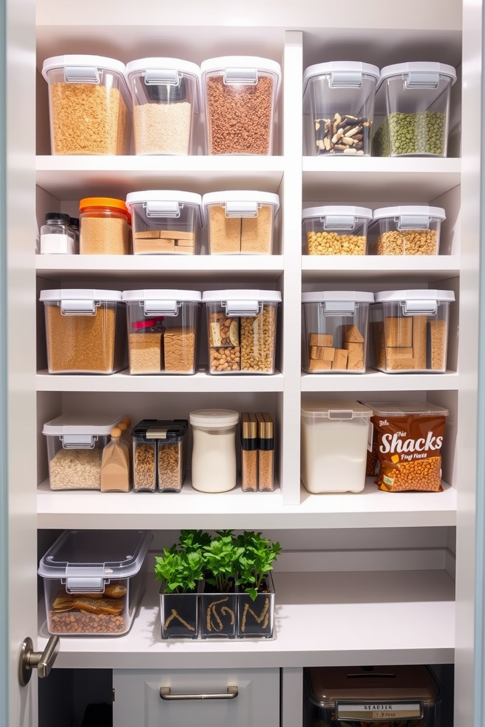 A small pantry design featuring clear containers for visibility. The shelves are organized with various sizes of transparent bins that showcase colorful spices, grains, and snacks. The walls are painted in a soft white hue to enhance brightness. A compact countertop area is included for meal prep, with a small herb garden in clear pots on display.