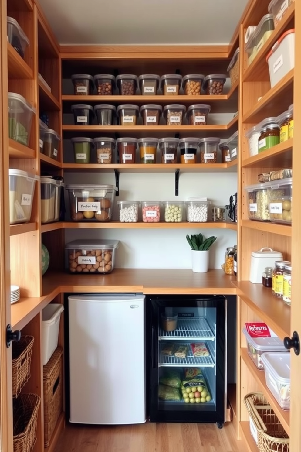 A small pantry design featuring stackable bins to maximize space. The walls are painted in a light, airy color, and the shelves are organized with clear containers for easy visibility.