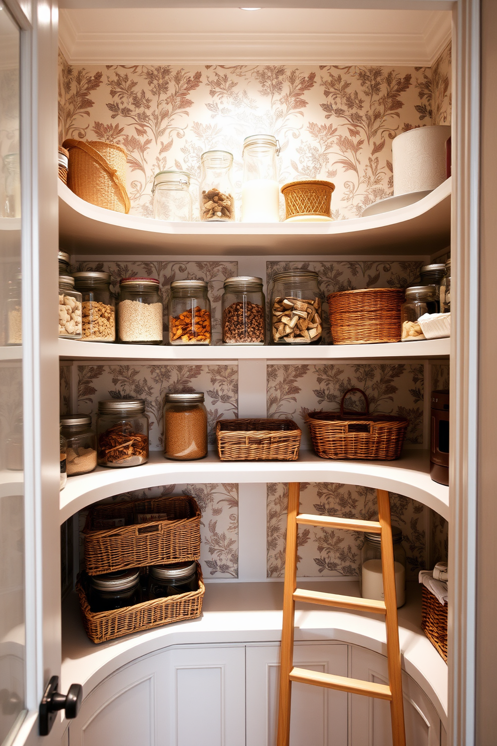 A cozy small pantry featuring decorative wallpaper with a floral pattern that adds a touch of elegance to the space. The shelves are neatly organized with glass jars and baskets, creating a functional yet stylish storage solution. Soft lighting illuminates the pantry, highlighting the intricate details of the wallpaper and the curated items on display. A small wooden ladder leans against the shelves, providing easy access to the upper storage while enhancing the charming aesthetic.