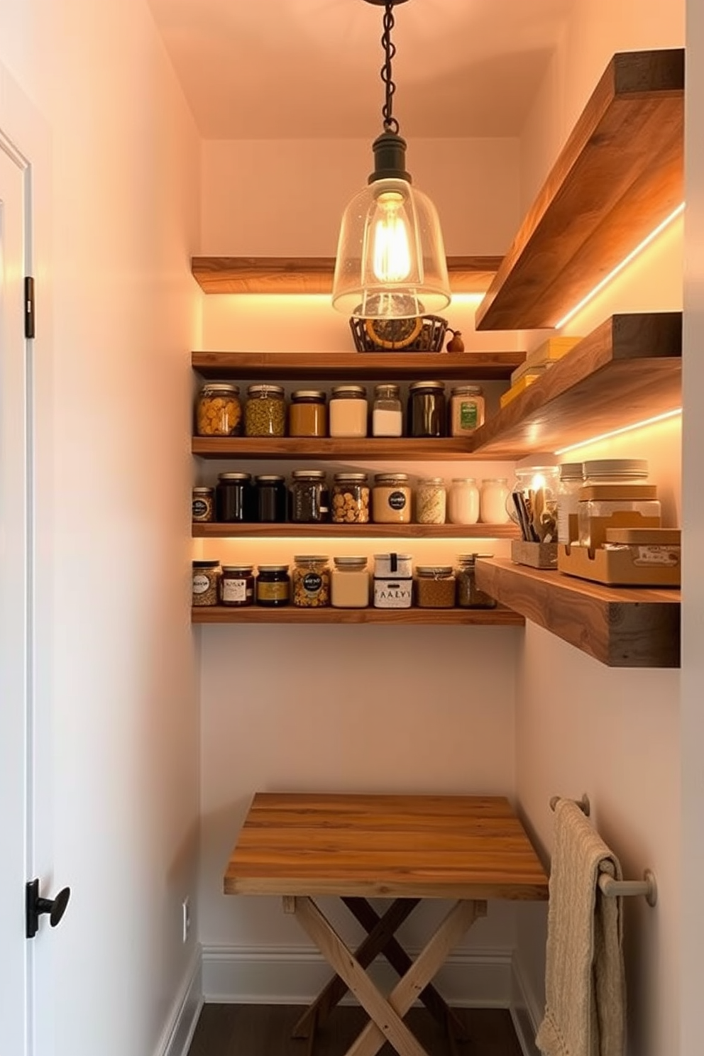 A cozy small pantry featuring open shelving made of reclaimed wood. The walls are painted in a soft cream color, and warm LED strip lights illuminate the shelves, showcasing neatly organized jars and containers. Incorporate a small folding table for added functionality. A vintage pendant light hangs from the ceiling, adding character and enhancing the overall brightness of the space.