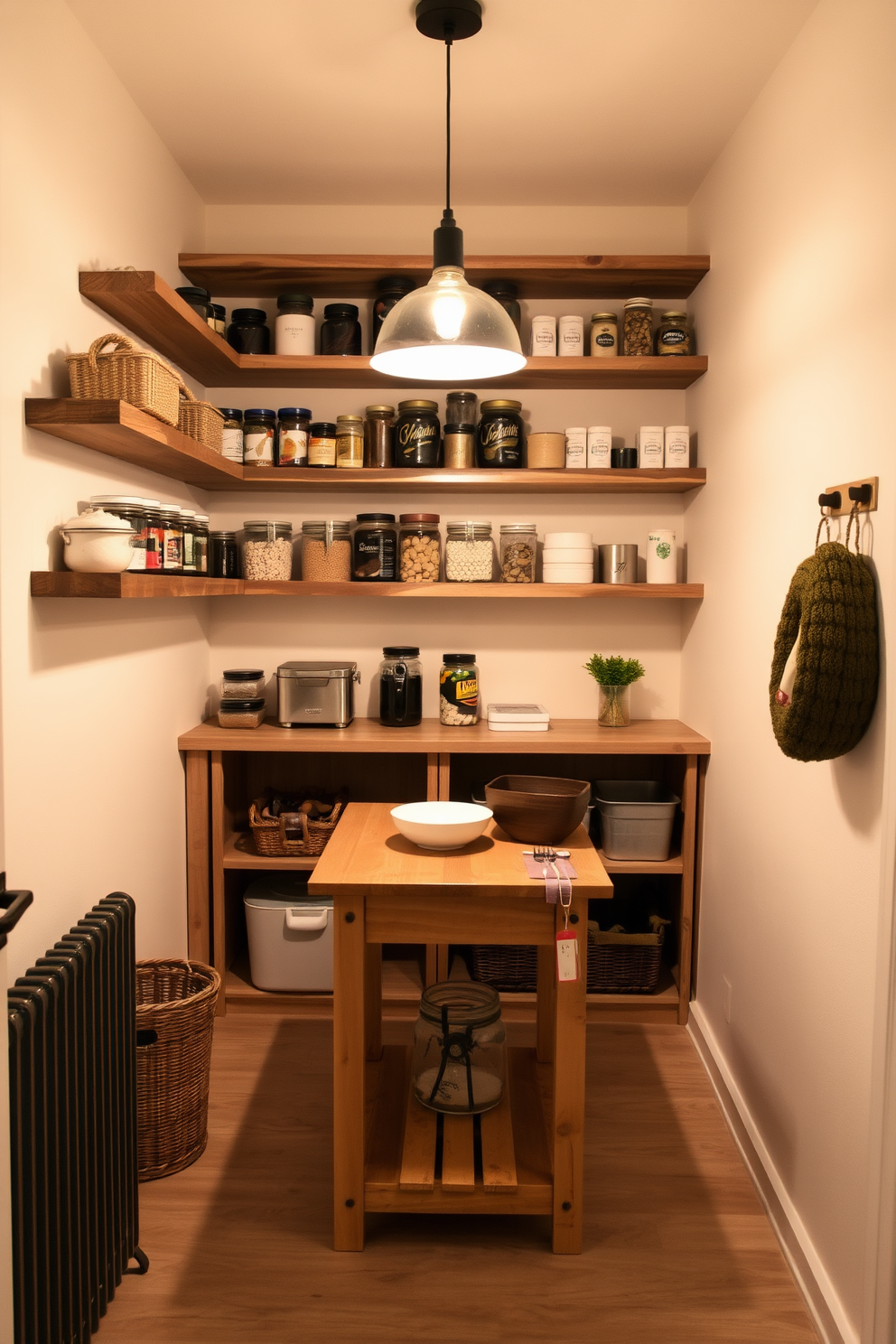 A cozy small pantry designed for efficiency and style. The walls are painted in a soft cream color, and open shelving made of reclaimed wood displays neatly organized jars and containers. A small table with a natural wood finish sits in the center, providing space for sorting and preparing items. A stylish pendant light hangs above the table, illuminating the area with warm light.