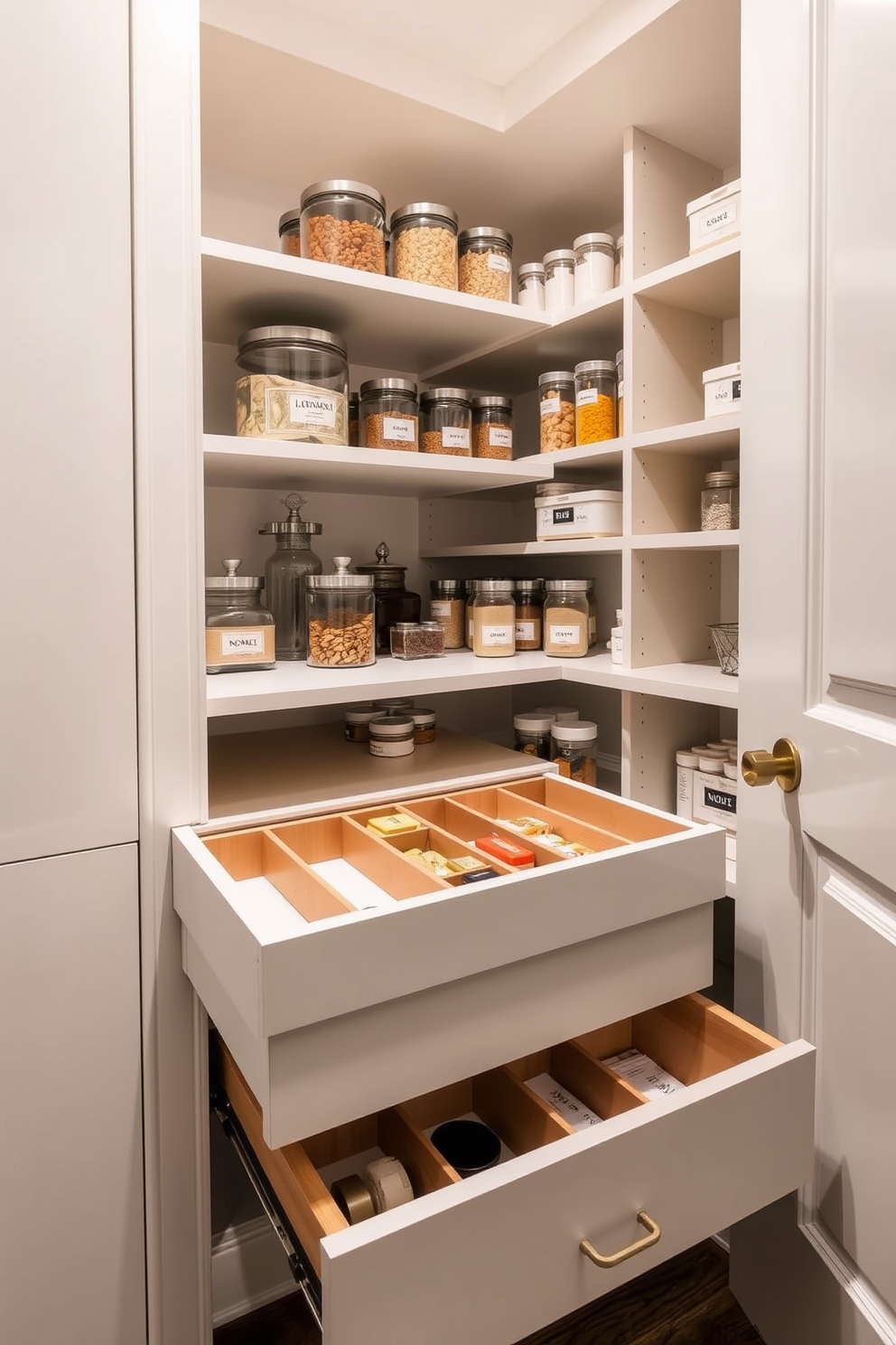 A small pantry design featuring drawer dividers for optimal organization. The pantry includes sleek shelving units and labeled containers for easy access to ingredients.