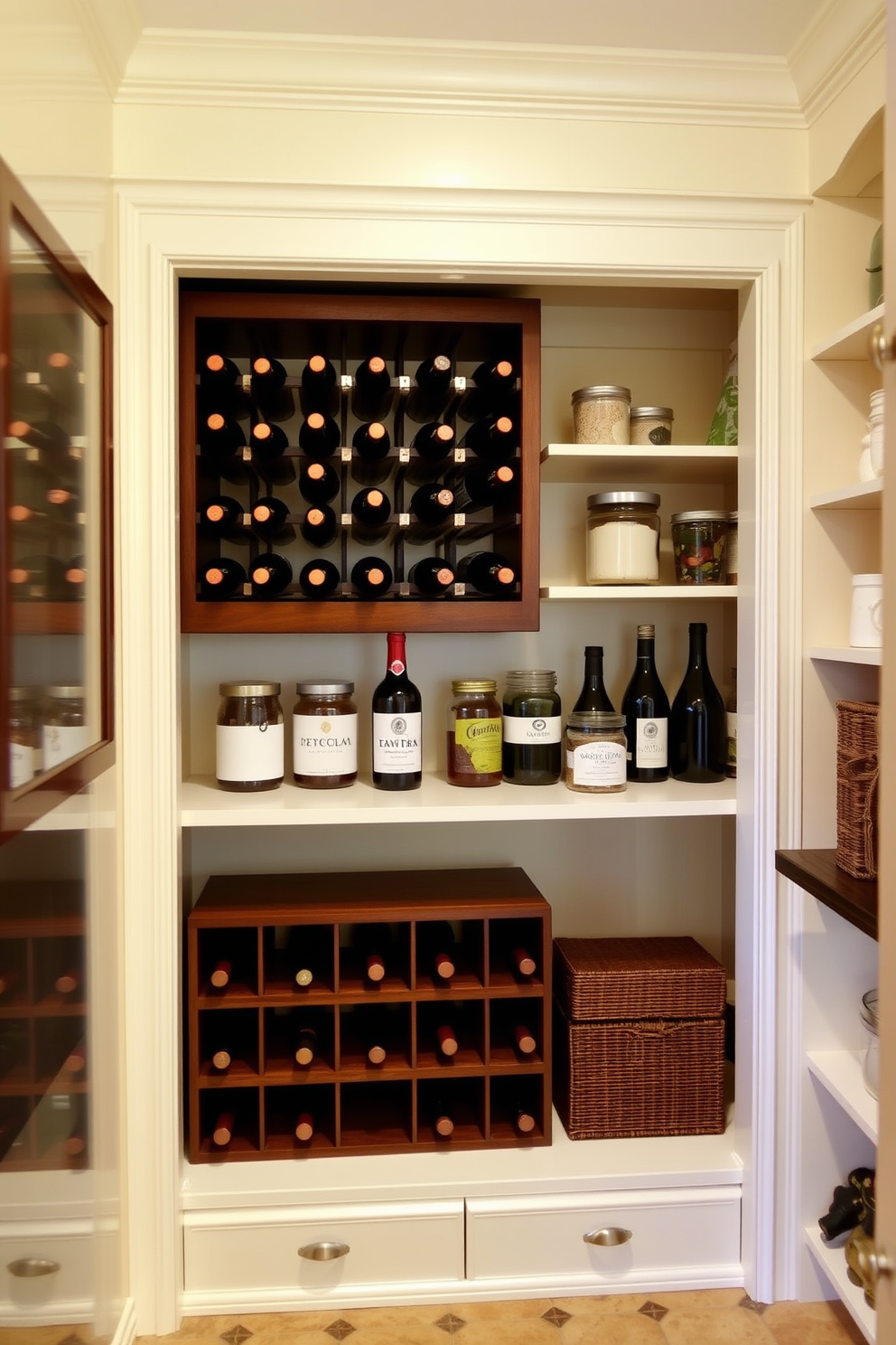 A cozy small pantry featuring a compact shelving unit made of reclaimed wood. On one shelf, a small herb garden is arranged in terracotta pots, with fresh basil, rosemary, and thyme adding greenery and fragrance to the space. The walls are painted in a soft cream color, creating a warm and inviting atmosphere. A rustic wooden countertop sits below a window, allowing natural light to illuminate the pantry and the herbs growing nearby.