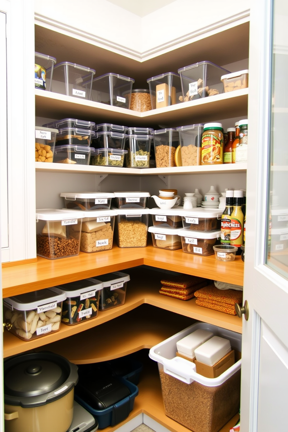 A small pantry featuring a rolling cart for mobile storage is designed with open shelving that displays neatly organized jars and containers. The walls are painted in a soft cream color, and the floor is tiled with light gray ceramic tiles for a clean and modern look.