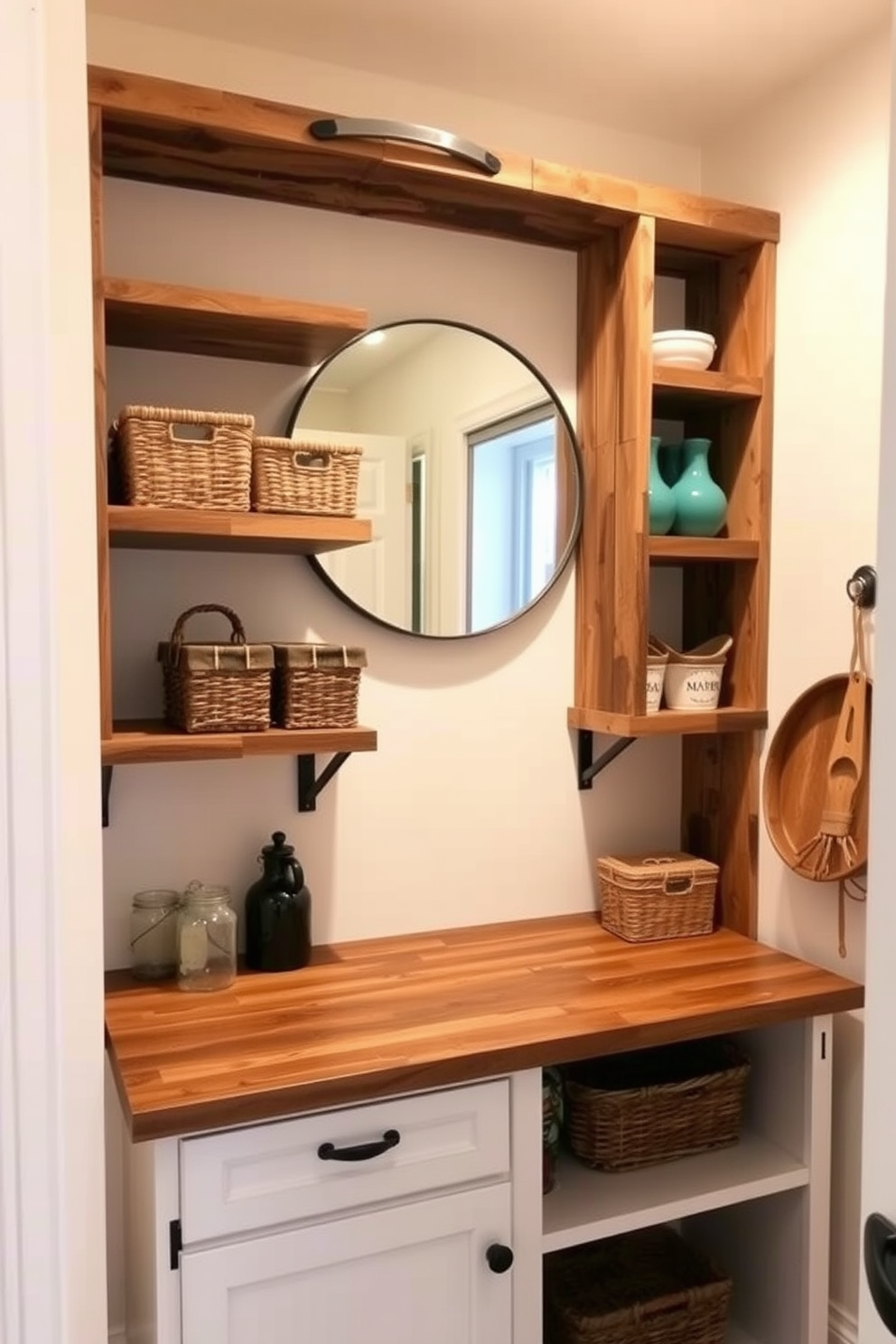 A cozy small pantry with open shelving made of reclaimed wood. The walls are painted in a soft cream color, and a large round mirror is mounted on the back wall to create depth and enhance the light in the space. The pantry features a rustic wooden countertop for food preparation. Decorative baskets are neatly arranged on the shelves, providing both storage and a touch of warmth to the design.