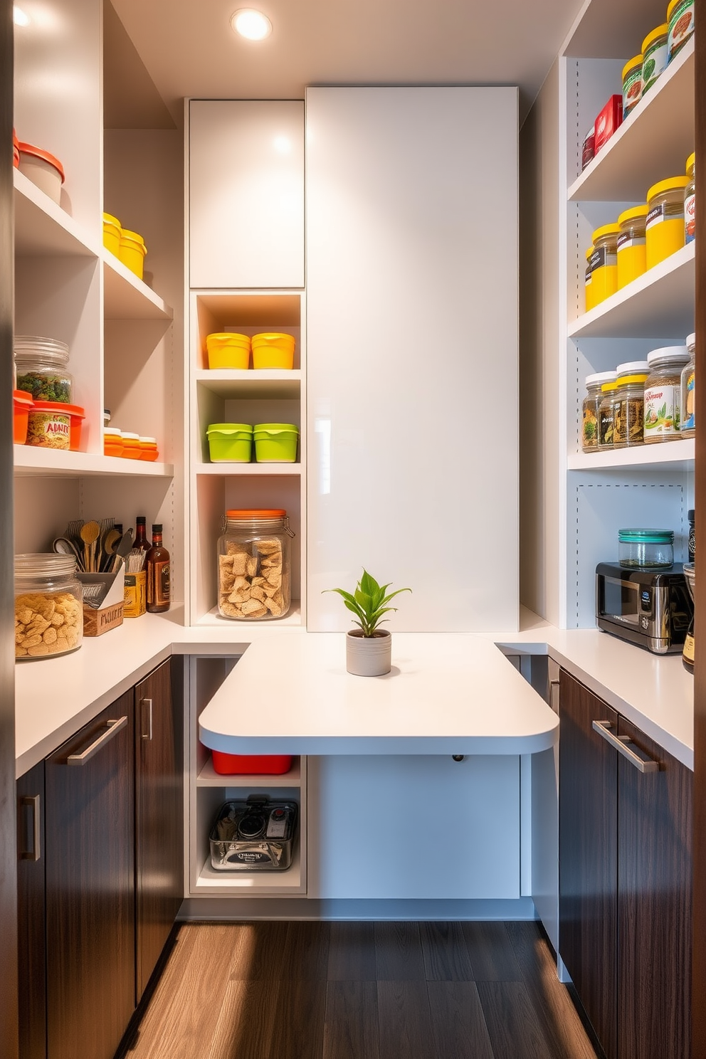 A compact workspace featuring a fold-down table that seamlessly integrates into the wall when not in use. The surrounding area is designed with efficient storage solutions, including shelves and cabinets, to maximize functionality in a small pantry. Brightly colored containers and jars are organized on the shelves, adding a pop of color and easy access to pantry essentials. The fold-down table is adorned with a small potted plant, creating an inviting atmosphere for meal prep and organization.