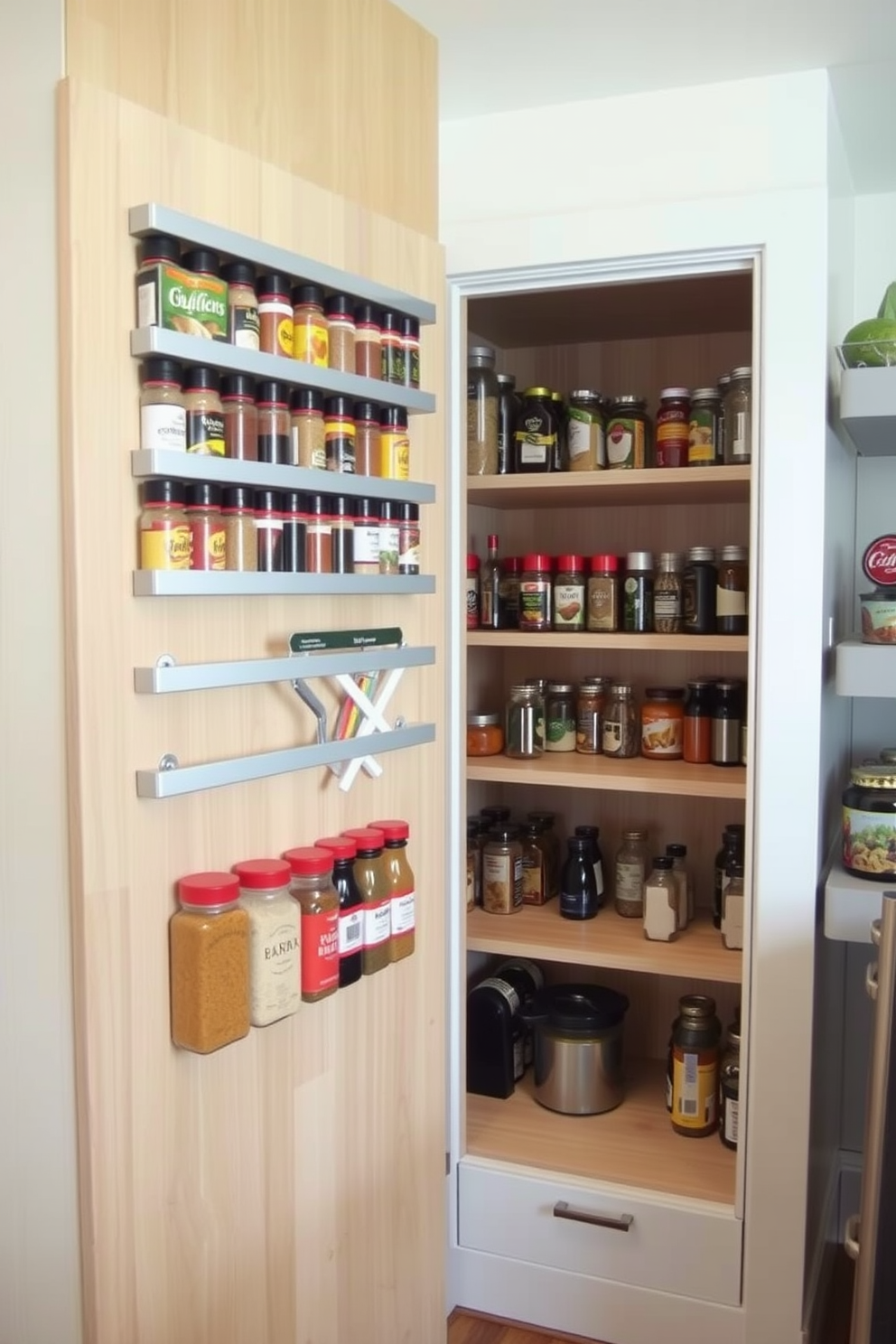 A cozy small pantry designed with reclaimed wood shelves that showcase an array of jars filled with dry goods and spices. The warm tones of the wood create a rustic appeal, complemented by soft lighting that highlights the natural grain of the shelves. Incorporate a sliding barn door made from reclaimed wood to enhance the rustic charm while saving space. Use woven baskets on the lower shelves for easy access to snacks and essentials, adding both functionality and texture to the design.