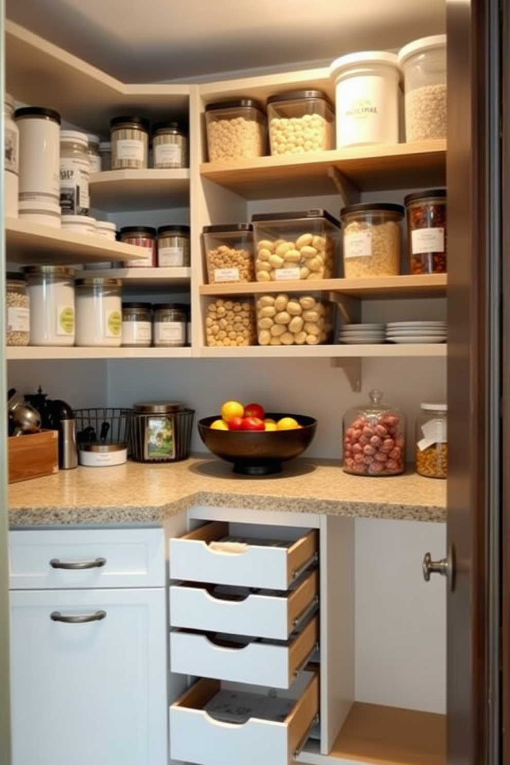 A cozy small pantry with efficient pull-out drawers for optimal storage. The shelves are neatly organized with labeled containers, and a small countertop area features a stylish fruit bowl.